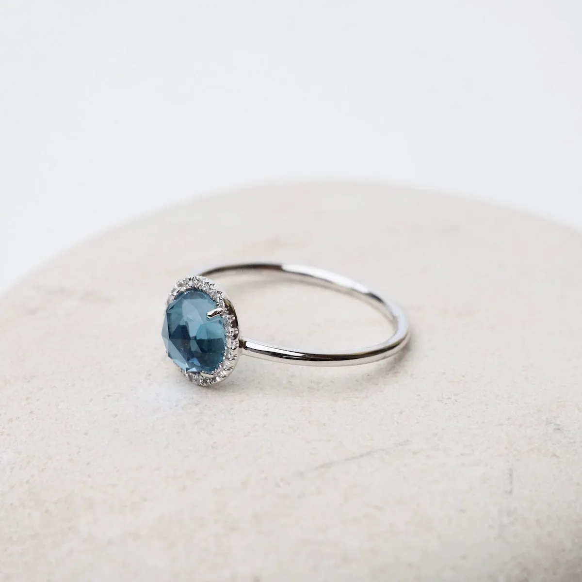 14k White Gold Rose Cut London Blue Topaz Ring