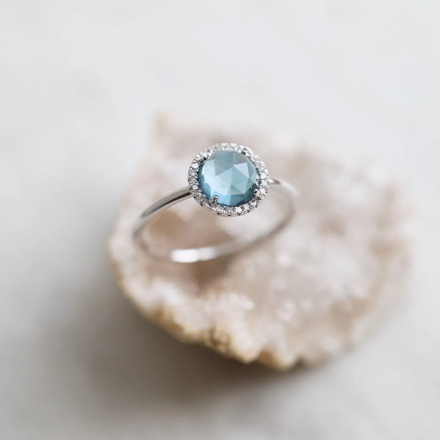 14k White Gold Rose Cut London Blue Topaz Ring