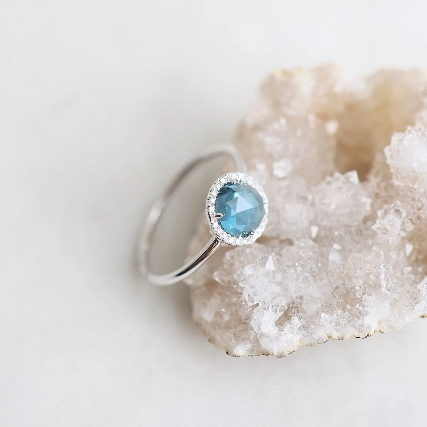 14k White Gold Rose Cut London Blue Topaz Ring