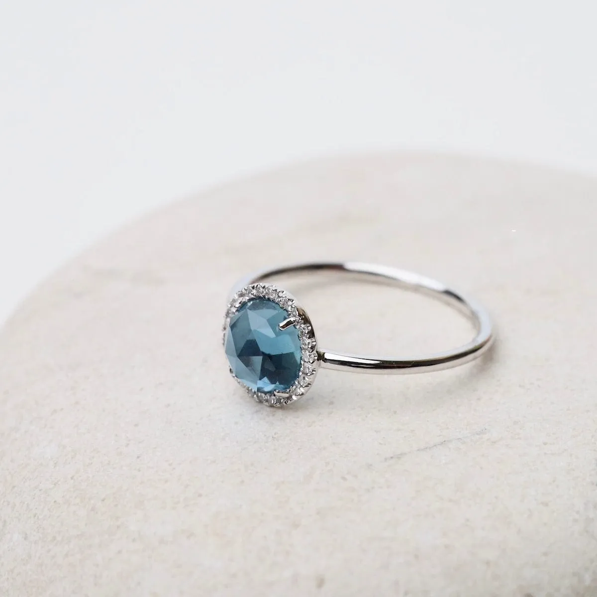 14k White Gold Rose Cut London Blue Topaz Ring