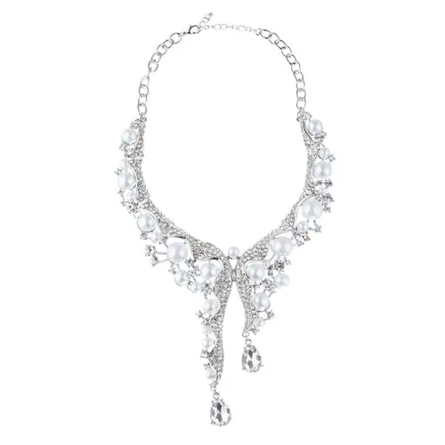 Bridal Wedding Jewelry Set Crystal Pearl Chunky Duo Linear Drops Silver White