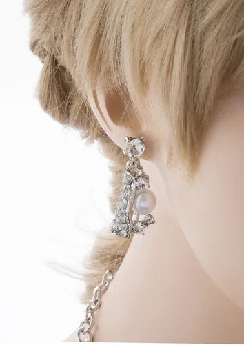 Bridal Wedding Jewelry Set Crystal Pearl Chunky Duo Linear Drops Silver White