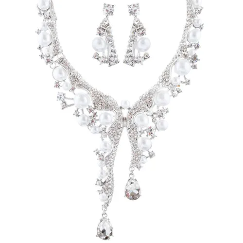 Bridal Wedding Jewelry Set Crystal Pearl Chunky Duo Linear Drops Silver White