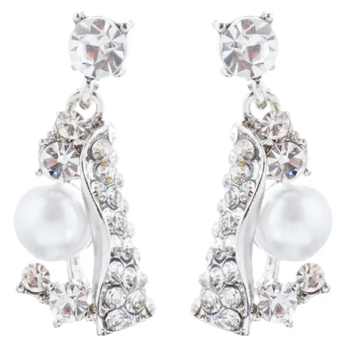 Bridal Wedding Jewelry Set Crystal Pearl Chunky Duo Linear Drops Silver White