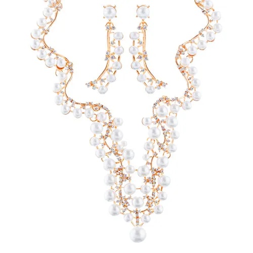 Bridal Wedding Jewelry Set Crystal Pearl Chunky V Drop Swirl Necklace Gold