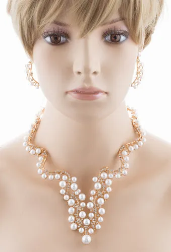 Bridal Wedding Jewelry Set Crystal Pearl Chunky V Drop Swirl Necklace Gold