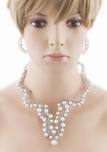 Bridal Wedding Jewelry Set Crystal Pearl Chunky V Drop Swirl Necklace Silver