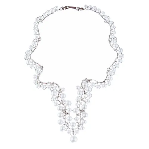 Bridal Wedding Jewelry Set Crystal Pearl Chunky V Drop Swirl Necklace Silver