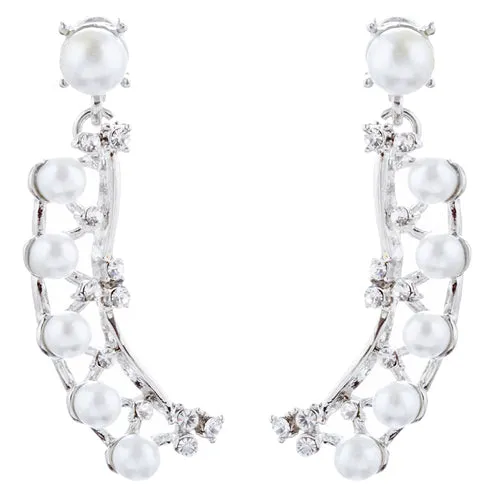 Bridal Wedding Jewelry Set Crystal Pearl Chunky V Drop Swirl Necklace Silver