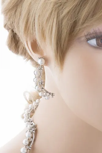 Bridal Wedding Jewelry Set Crystal Pearl Chunky V Drop Swirl Necklace Silver