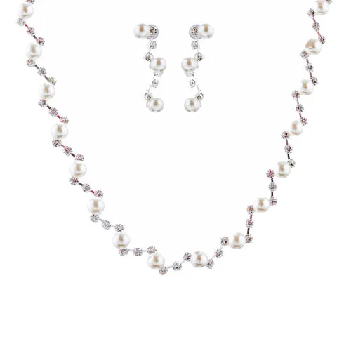 Bridal Wedding Jewelry Set Crystal Rhinestone Pearl Patterned Necklace Earrings