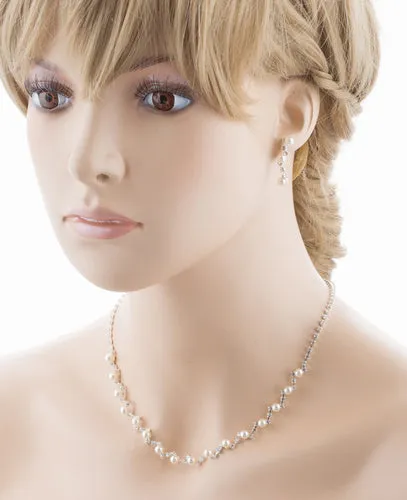 Bridal Wedding Jewelry Set Crystal Rhinestone Pearl Patterned Necklace Earrings