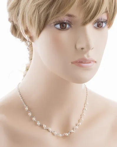 Bridal Wedding Jewelry Set Crystal Rhinestone Pearl Patterned Necklace Earrings