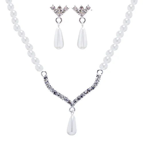 Bridal Wedding Jewelry Set Crystal Rhinestone Teardrop Pearl Soft V Necklace