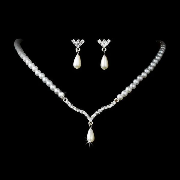 Bridal Wedding Jewelry Set Crystal Rhinestone Teardrop Pearl Soft V Necklace