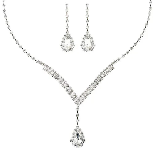 Bridal Wedding Jewelry Set  Necklace Earring Crystal Rhinestone V Drop J738 SV