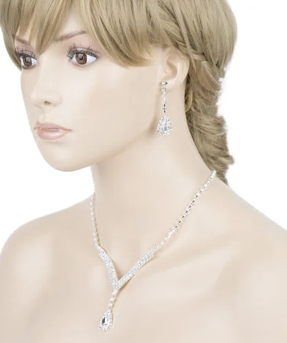 Bridal Wedding Jewelry Set  Necklace Earring Crystal Rhinestone V Drop J738 SV