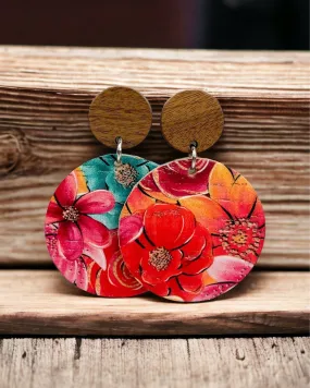 Cork Leather Round Earring "Glorious Flowers"