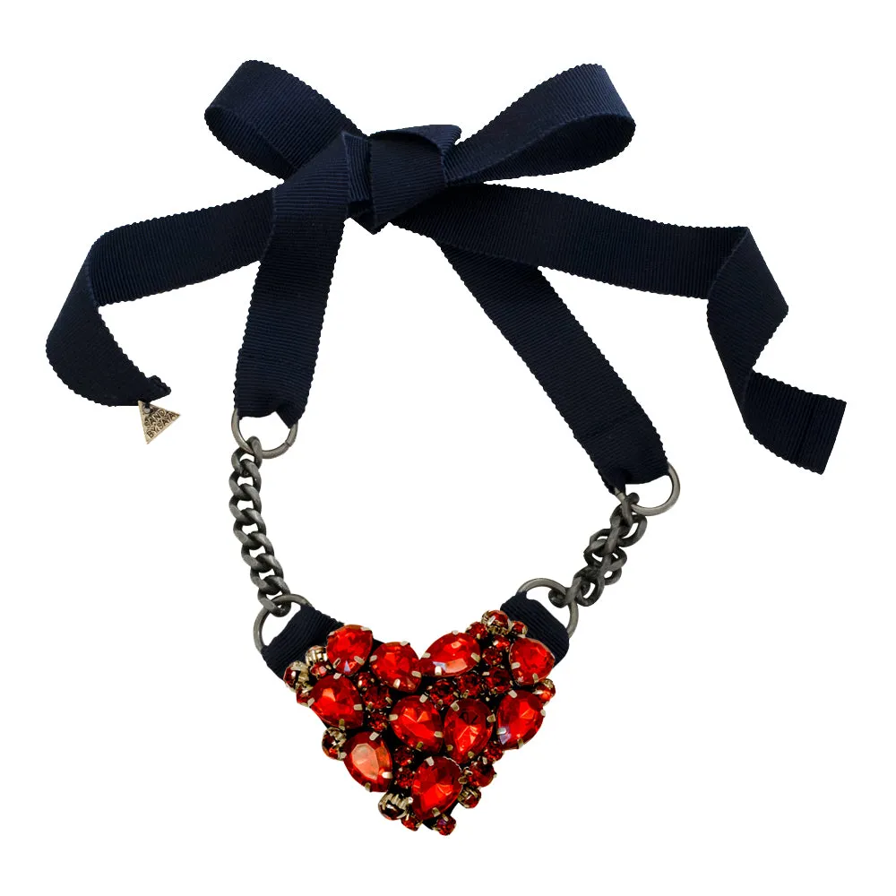 Crystal Red Heart - Ribbon Collar Necklace Rhine stone Embellished Accessory