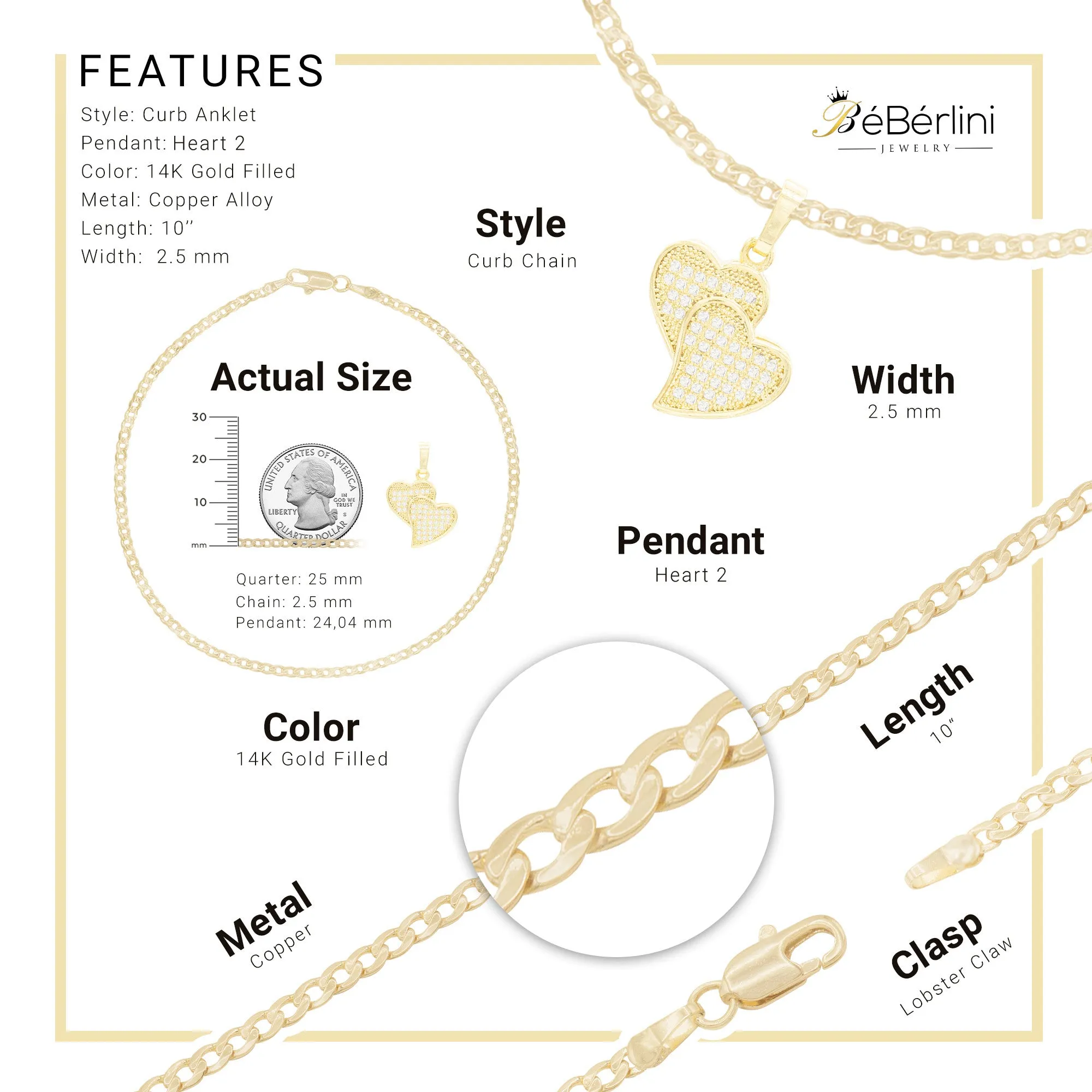 CZ Heart Charm 14K Gold Filled Anklet 10" Women Jewelry