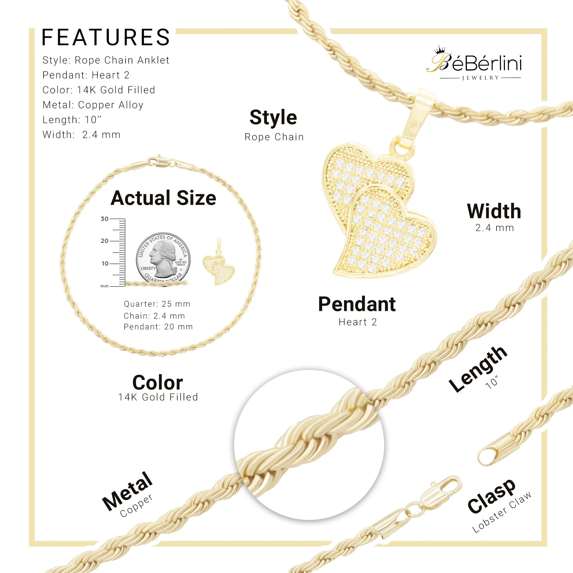 CZ Heart Charm 14K Gold Filled Rope Anklet 10" Women Jewelry