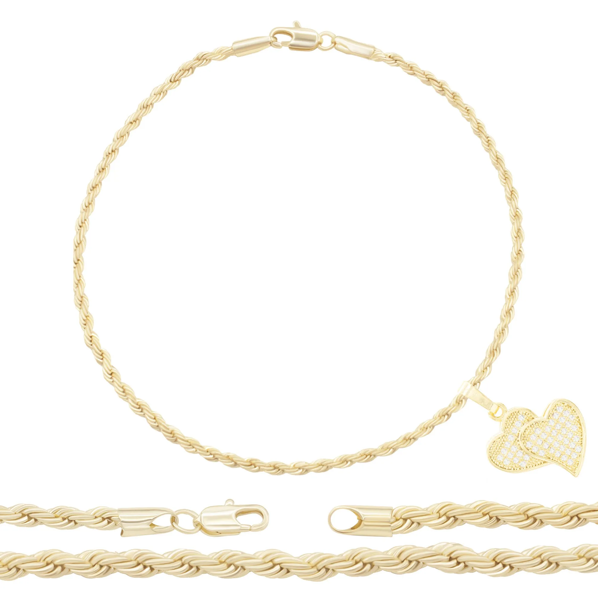 CZ Heart Charm 14K Gold Filled Rope Anklet 10" Women Jewelry