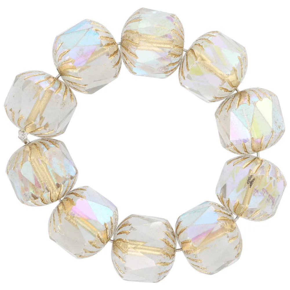 Czech Glass 10 x 10mm Crystal Transparent with Aurora Borealis and Gold Finishes Center Facected Cruller Bead Strand by Raven's Journey