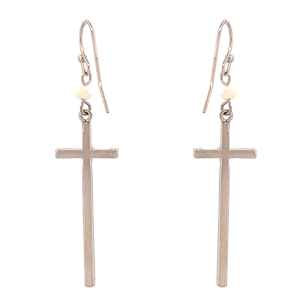Elegant Simple Cross Charm Pearl Long Fashion Dangle Earrings Silver