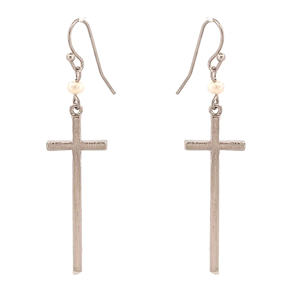 Elegant Simple Cross Charm Pearl Long Fashion Dangle Earrings Silver