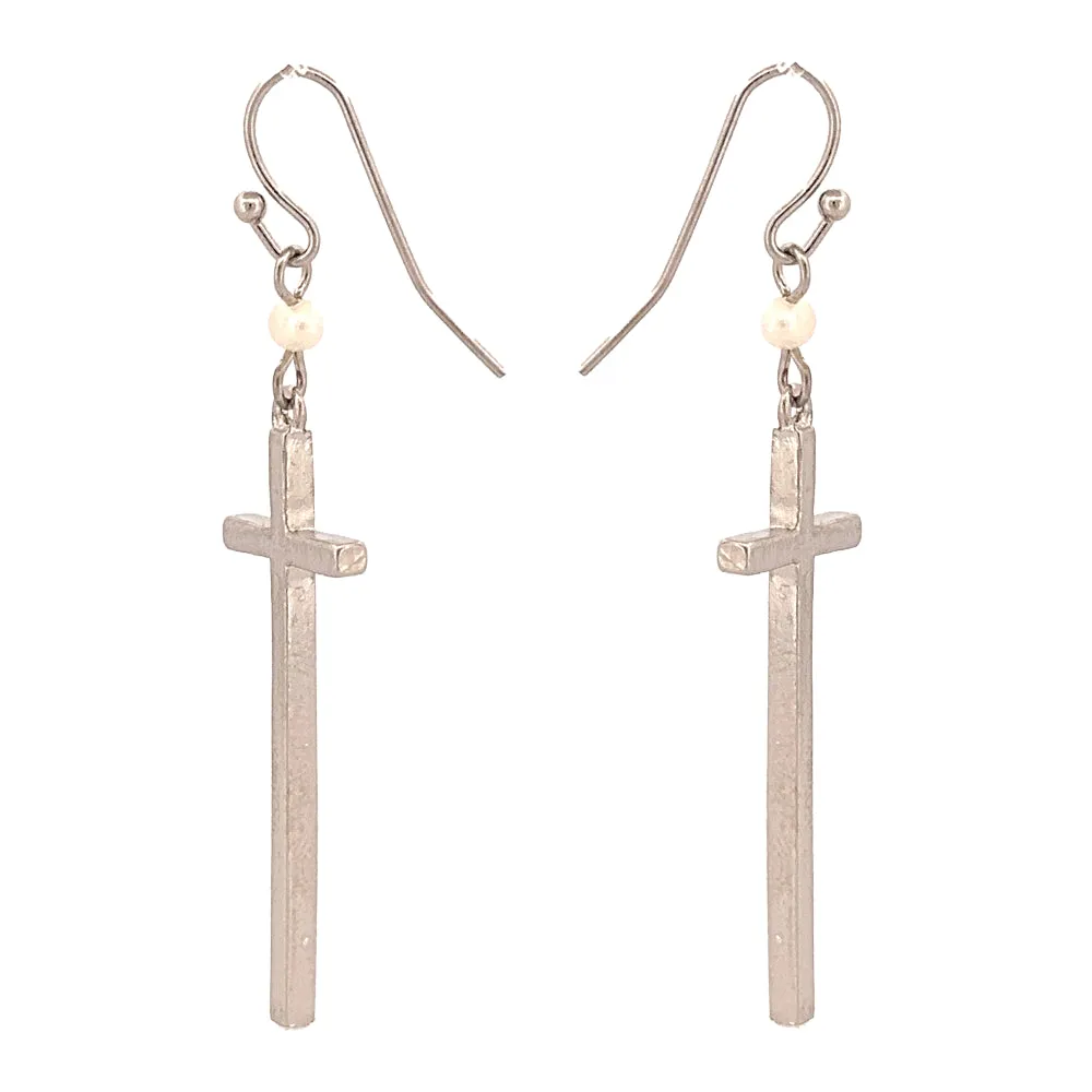 Elegant Simple Cross Charm Pearl Long Fashion Dangle Earrings Silver