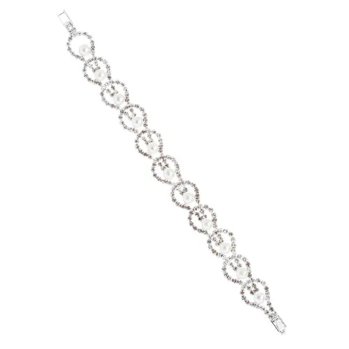 Fashion Chic Crystal Rhinestone Bulb Shape Faux Pearl Link Bracelet B423 Silver