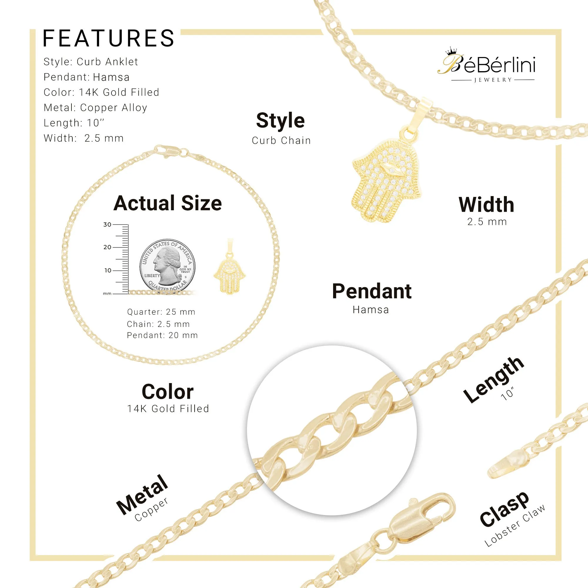 Hamsa Pendant 14K Gold Filled Cubic Zirconia Anklet 10" Set 2.5 mmWomen Jewelry