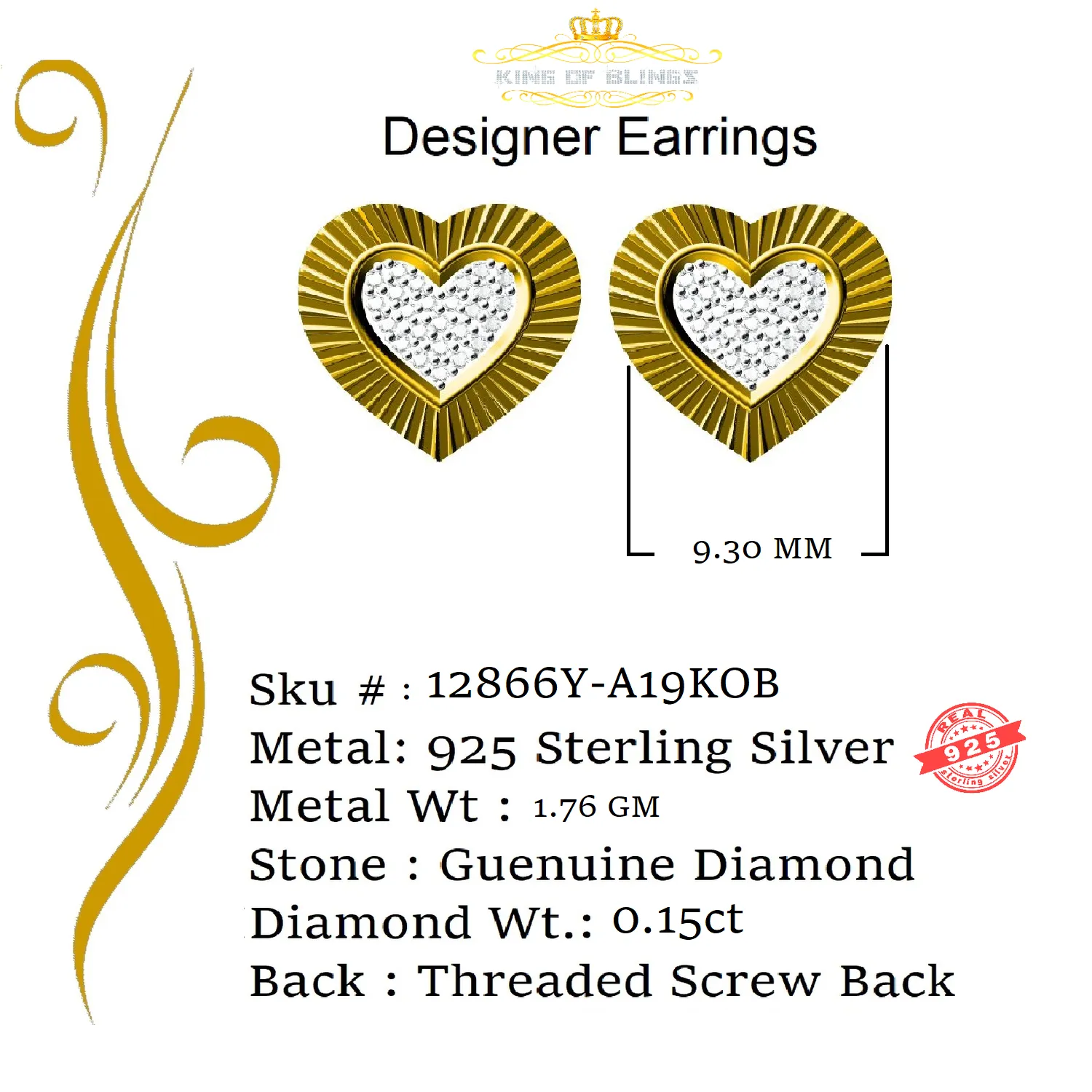 King of Blings-Aretes Para Hombre Heart 925 Yellow Silver 0.15ct Diamond Women's Stud Earring