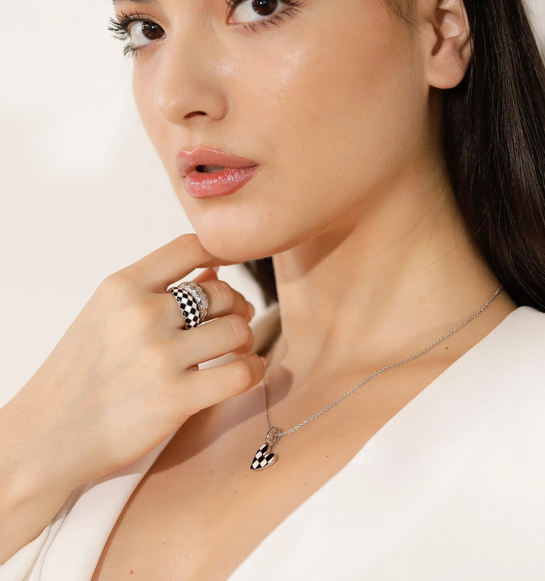Silver Checker Heart Necklace