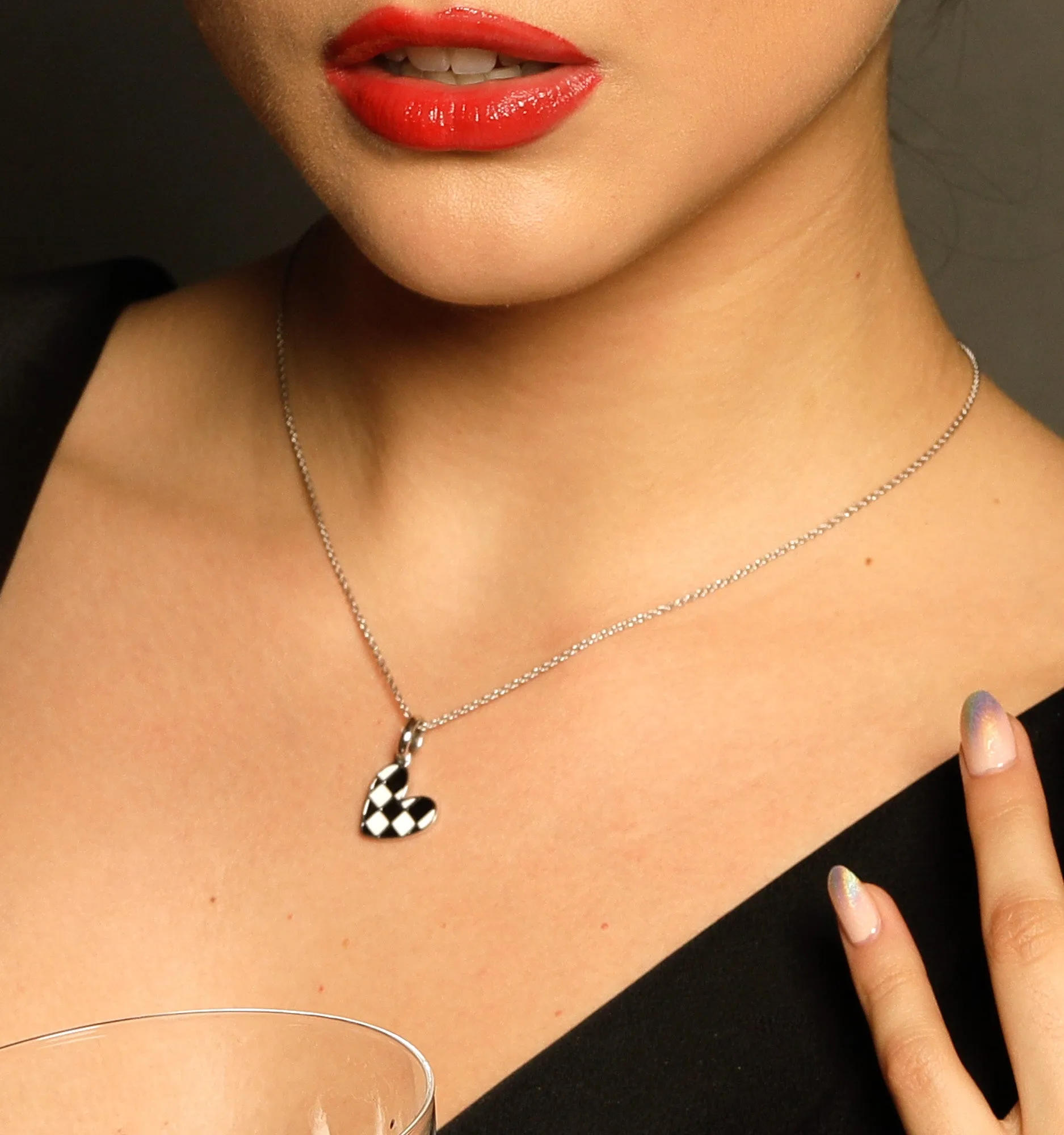 Silver Checker Heart Necklace